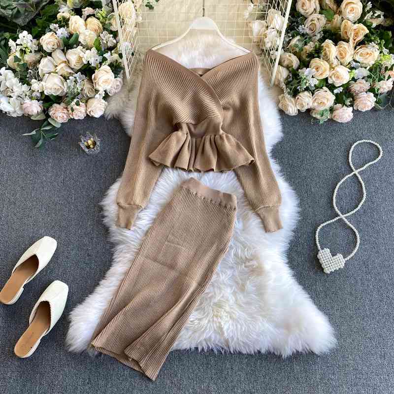 

Women Sweater Two Piece Outfits Autumn Winter Sexy V Neck Pullover and Wrap Skirt Set Woman Elegant 2 Sets Clothes 210602, Burgundy