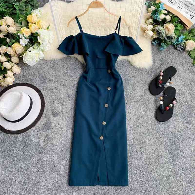 

Women Spaghetti Strap Dress Vestidos Summer Short Sleeved Slim Single-breasted Bodycon Dresses Ladies Casual Long Robe 210525