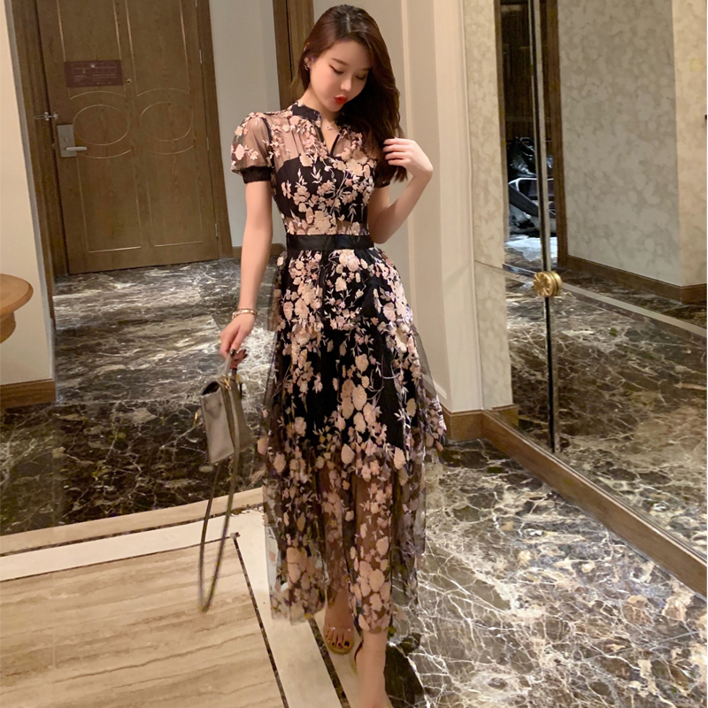

high-end custom luxury runway self portrait dress vintage cherry blossom embroidery mesh sequined layering lace long dress, Black;gray