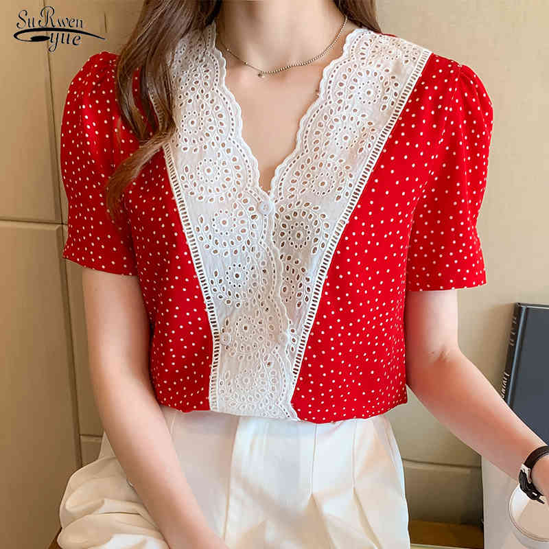 

Fashion Polka Dot Clothing Summer Short Sleeve Women Shirt Korean Hollow Out Chic V Neck Woman Blouses Ladies Tops Blusas 14292 210518, Red