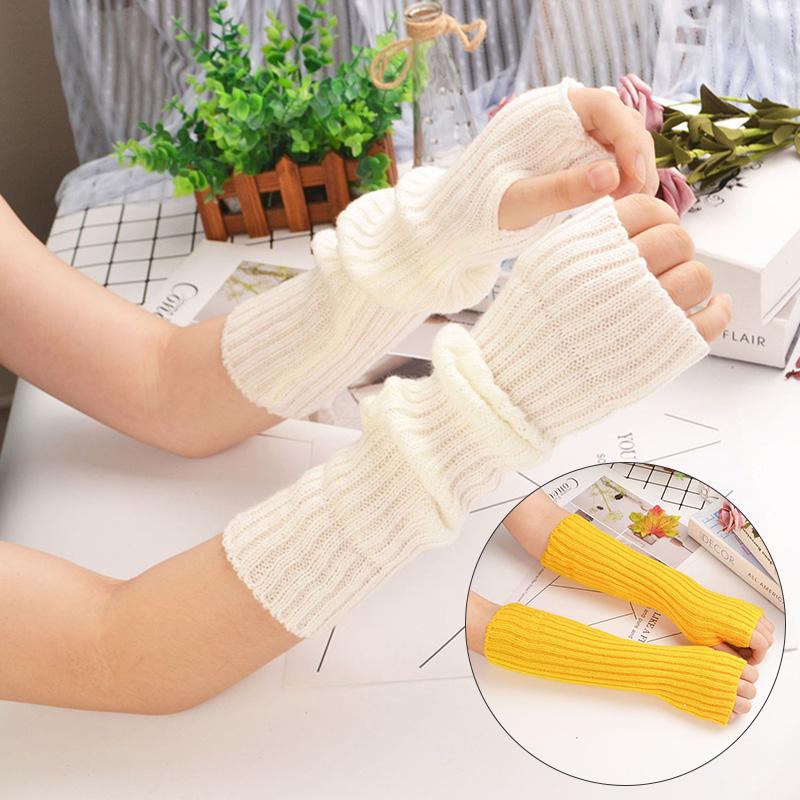

Five Fingers Gloves Winter Women Arm Warmers Knitted Woolen Sleeve Fine Long Fingerless Casual Warm Soft Female Guante, Blue;gray