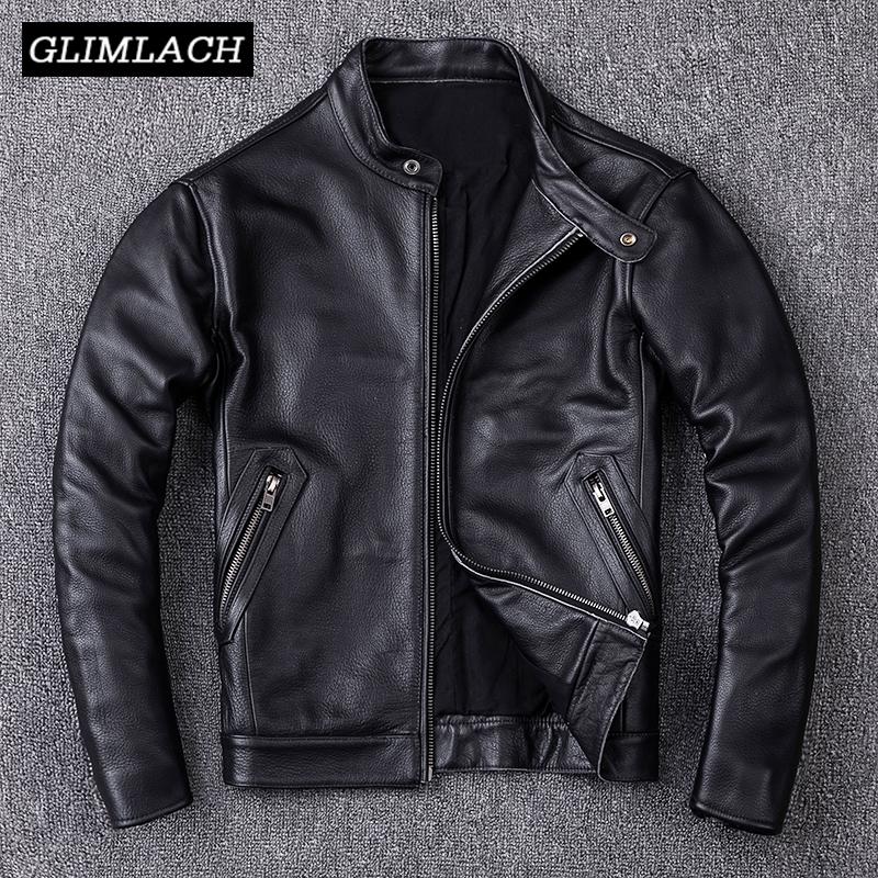 

Men's Leather & Faux Autumn 100% Real Cow Jacket Men Stand Collar Genuine Motorcycle High Quality Slim Black Biker Coat Male