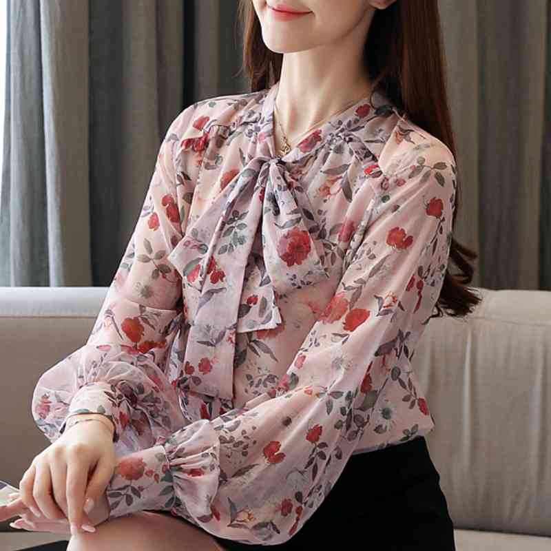 

Fashion Woman Blouses Bow Collar Print Chiffon Blouse Women Tops Long Sleeve Blouse Women Womens Tops And Blouses C474 210602, Pink