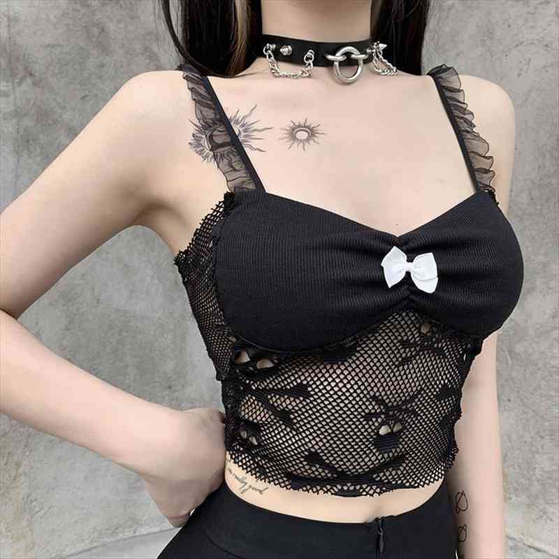 

mesh patchwork transparant back women camis body crop sleeveless clubwear gothic style skull graphic embroidery black, White