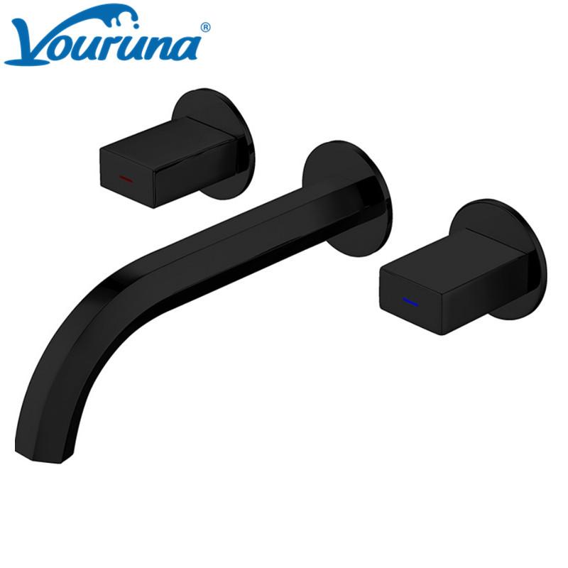 

Luxurious Modern Black Bathroom Faucets Rose Golden Double Handles Wall Mounted Basin Mixer Tap Set With Rough-in-Valve Sink