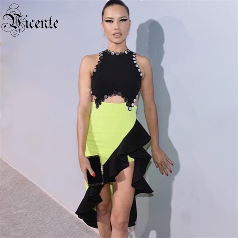 

Trendy Two Pieces Sets Asymmetrical Ruffles Buttons Sleeveless Celebrity Party Skirt Suit 210520, Multi