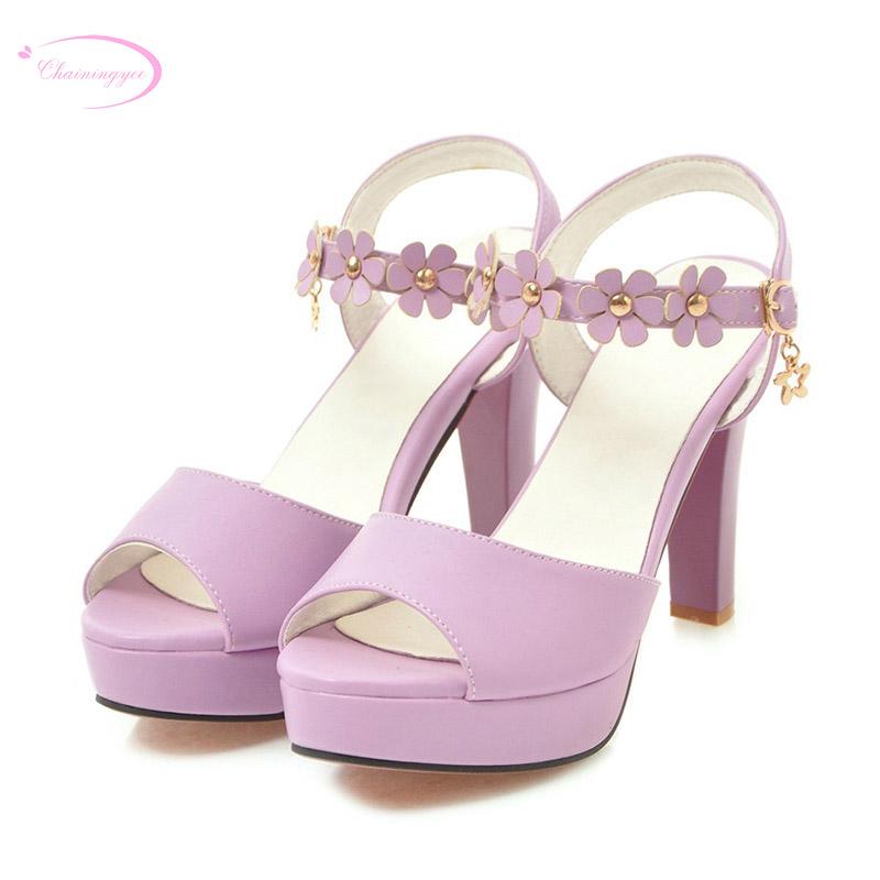 

Chainingyee Sweet Style Sexy Peep Toe Summer Sandals Fashion Rivets Flowers Belt Buckle Platform High Heels Women's Shoes, Black