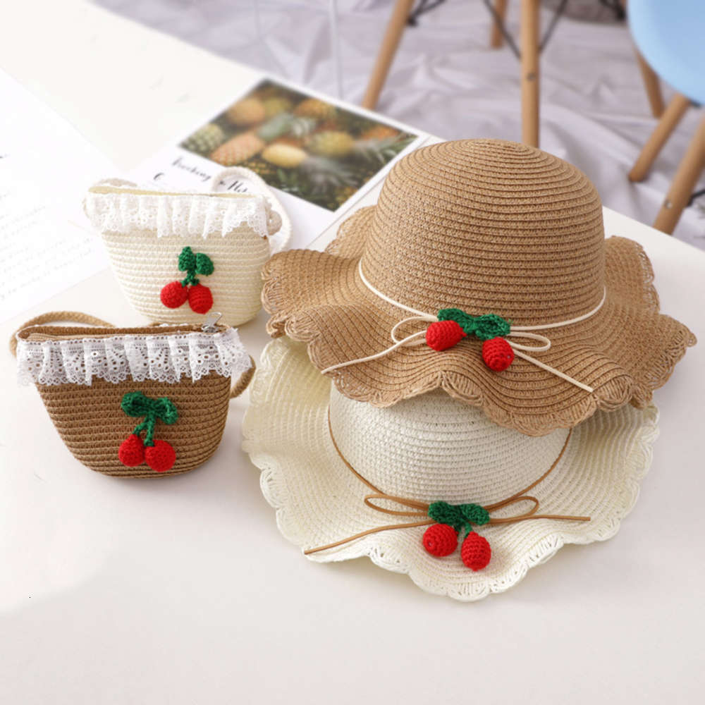 

children's sun proof straw hat, Princess beach girl's cherry fisherman's hat and Satchel, Yellow