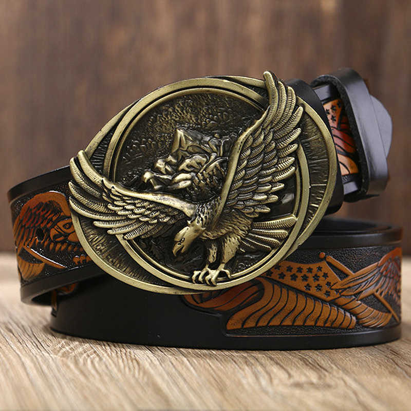 

Western denim personality fashionable leather belt men's casual male eagle buckle carving craft belt H1025, Black