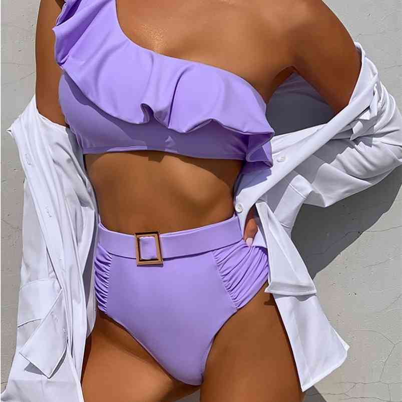 

Sexy Bikini One Shoulder Swimwear High Waist Swimsuit Purple Bandage Bathing Suits Ruffle Beach Wear Biquini Female 210629, Lz103