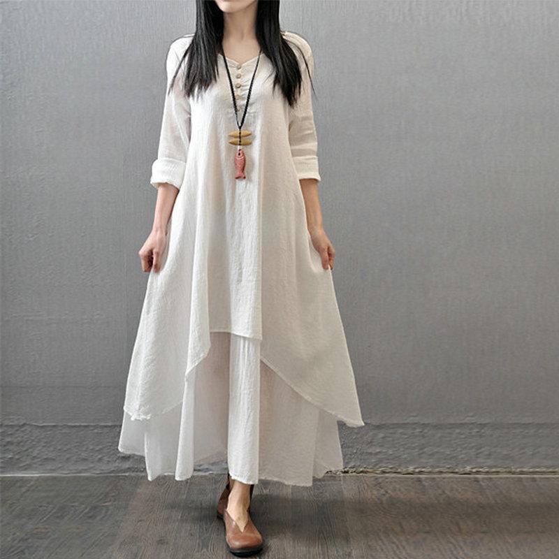 

Casual Dresses False Two-piece Cotton Linen Long Sleeve Maxi Dress Women Plain Double Layer Loose Plus Size Solid Vintage, Black