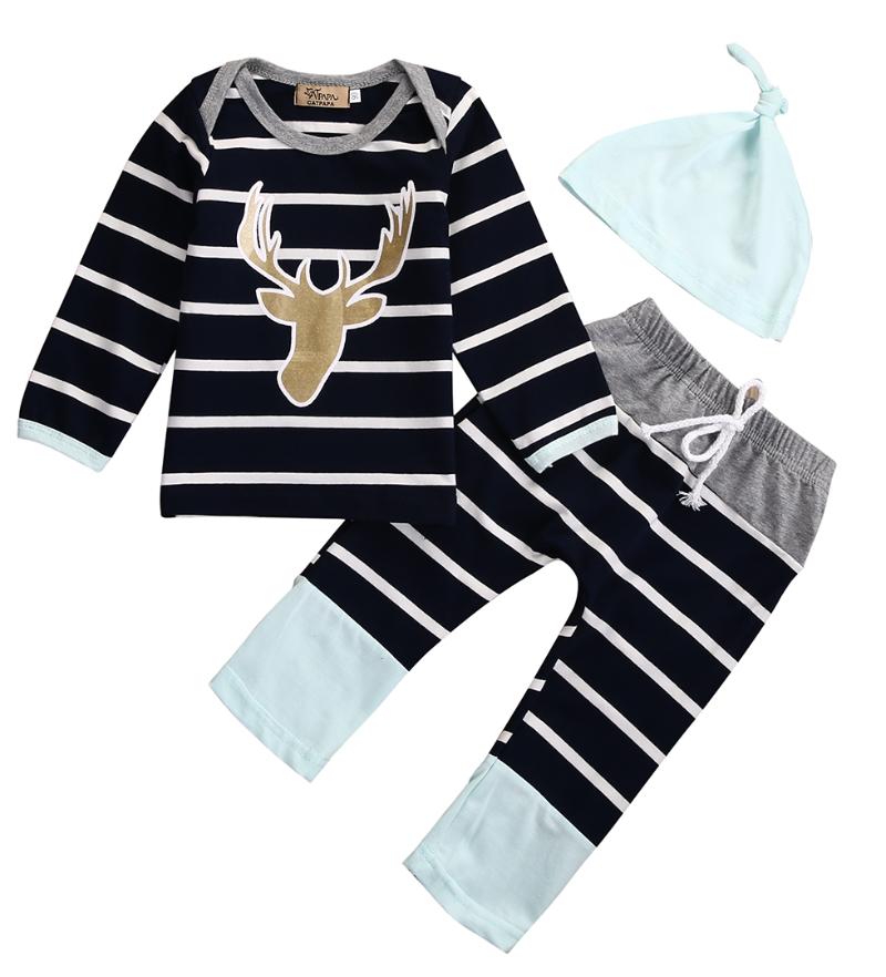 

Clothing Sets Born Baby Boy Girl Clothes Spring Autumn Striped Cute Print Long Sleeve Tops+Pants+Hat 3PCS Outfits Set 0-18Months, Blue