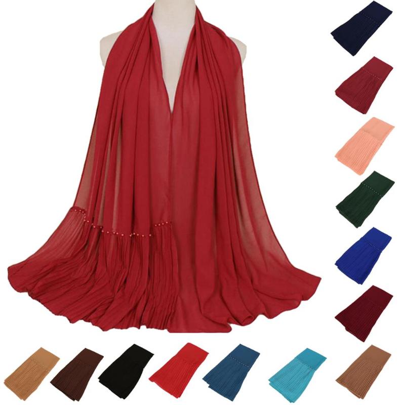 

Scarves 180*75cm Women Chiffon Long Scarf Pleated Shawl Wrap Turban Patchwork Pearls Muslim Hijab Large Poncho Pashmina Headscarf