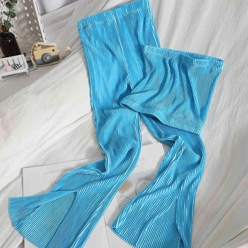 

Summer Fashion Sexy Bra Top + Leg Split Micro Flared Pants Pleated Floor Two Piece Suit For Women SK018 210525, White