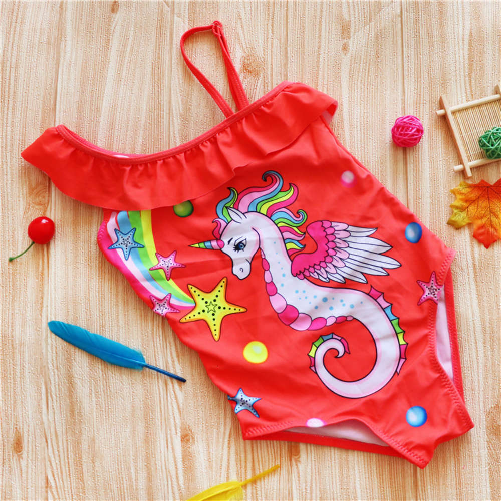 

Children's suit Children's shoulder one piece Ruffle Unicorn girls' swimsuit, Black