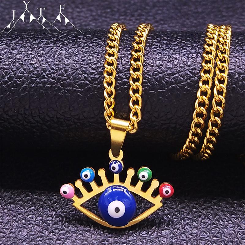 

Pendant Necklaces Muslim Islam Stainless Steel Turkish Eye Chain Women/Men Gold Color Jewelry Bijoux Inoxydable Femme N5214S05, Silver