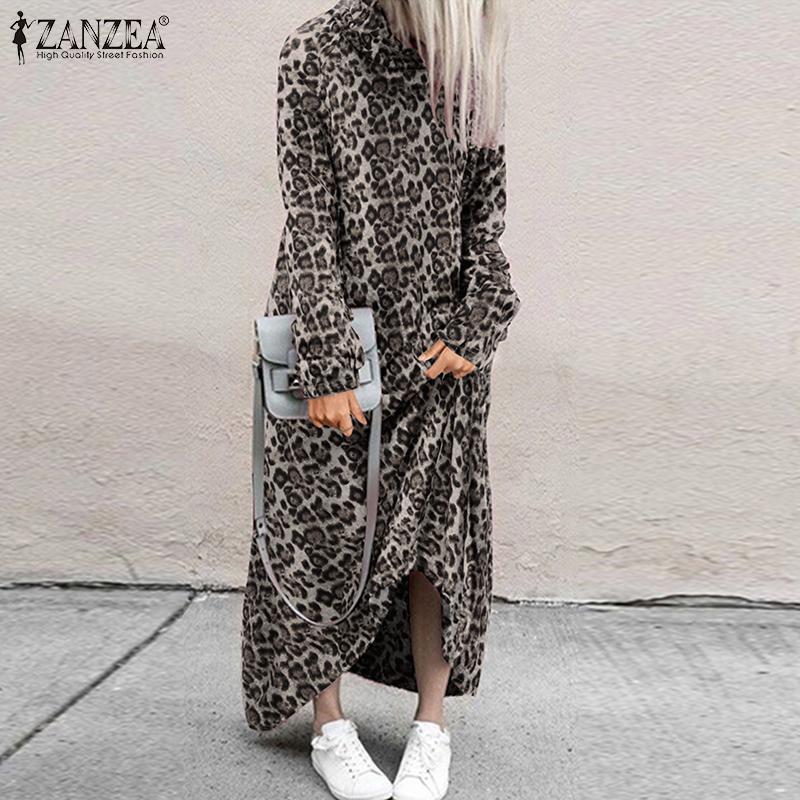 

Casual Dresses ZANZEA Autumn Femme Long Sleeve Baggy Maxi Vestidos Robe Vintage Leopard Printed Sundress Women Sweatshirts Turtleneck Dress, Black;gray