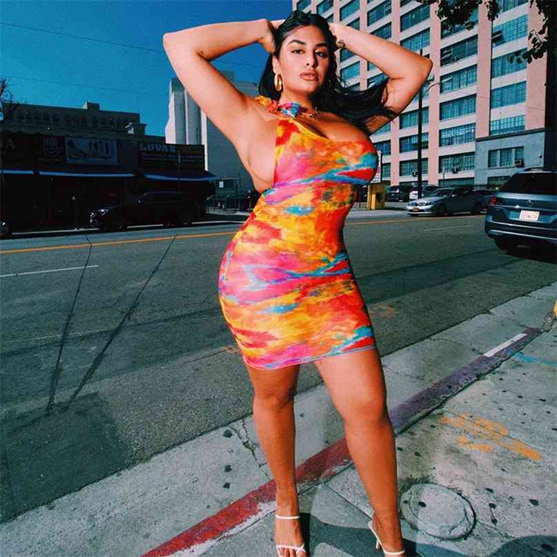

Sexy Tie Dye Women Bodycon Dress One Shoulder Bandage Fashion Party Mini es Sleeveless Skinny Print 210607, Orange