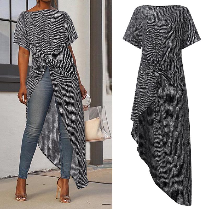 

Women's Blouses & Shirts VONDA Women Asymmetrical Blouse Sexy Split Hem Striped Party Tops Long Ladies Office 2022 Tunic Blusas, White