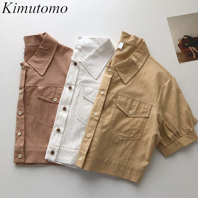 

Kimutomo Summer Vintage Blouse Women Hong Kong Style Turn-down Collar Short Sleeve Single Breasted Pockets Shirt Casual 210521, Orange pink