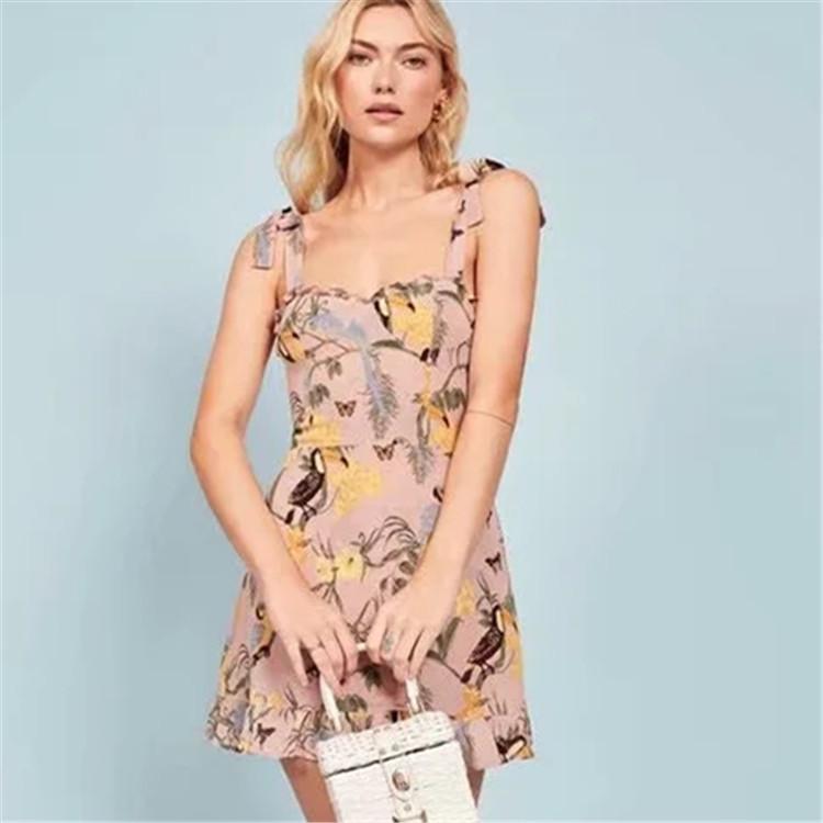 

Casual Dresses Om6757 French Retro Print Slim Fitting Auricular Lace Up Dress, Pink