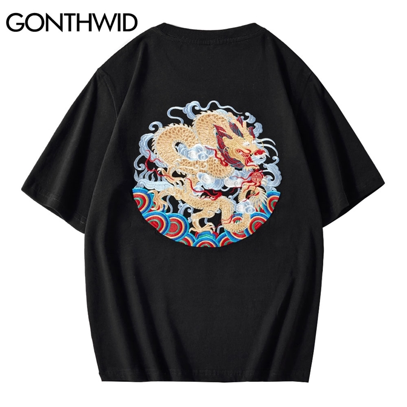 

T-Shirts Harajuku Men Hip Hop Summer Chinese Dragon Embroidery Short Sleeve Tees Cotton Casual Streetwear Fashion Tops 210602, Black