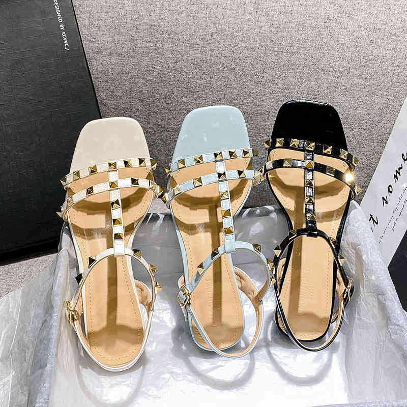 

sandals flat women's summer new rivets chunky heel roman shoes mid plus size yfxy, Black