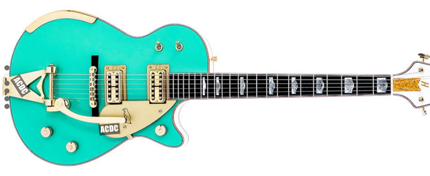 

Custom Shop Masterbuilt 1955 Duo Jet Surf Green Electric Guitar White Back & Sides, Grover Imperial Tuners, Gold Sparkle Binding, Bigs Tailpiece, Special Inlay
