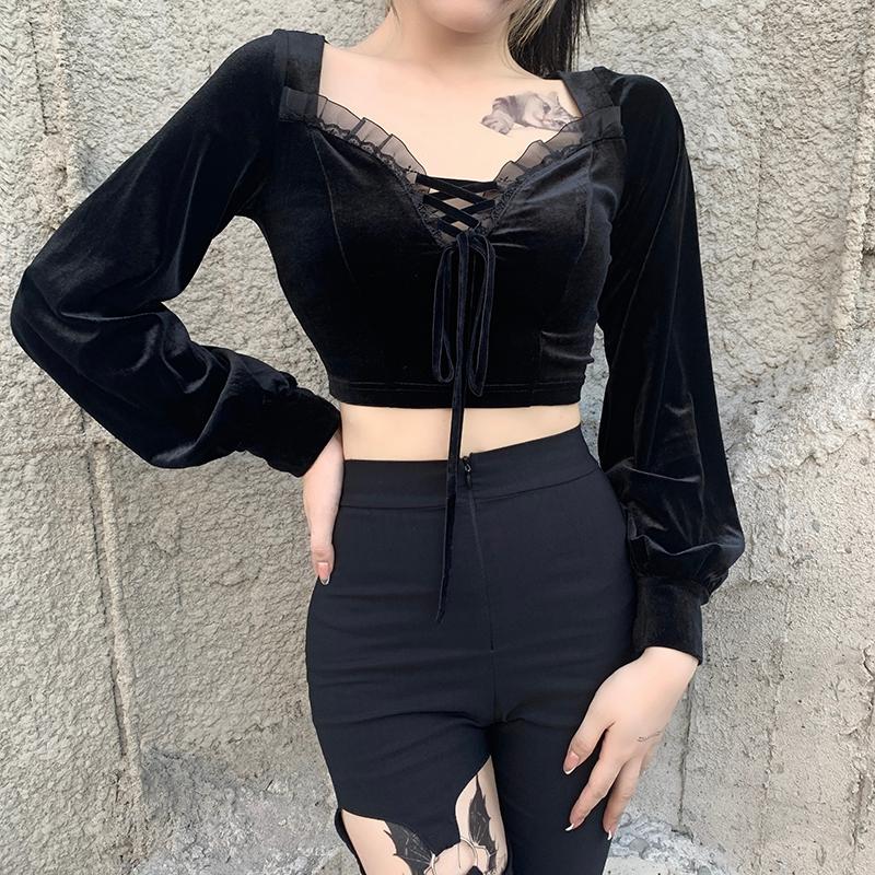 

Women' T-Shirt Women Fashion Lace-up Lantern Sleeve Vintage Sexy Lace Tops Slim Long Short Top Spring Bodycon Streetwear, Black