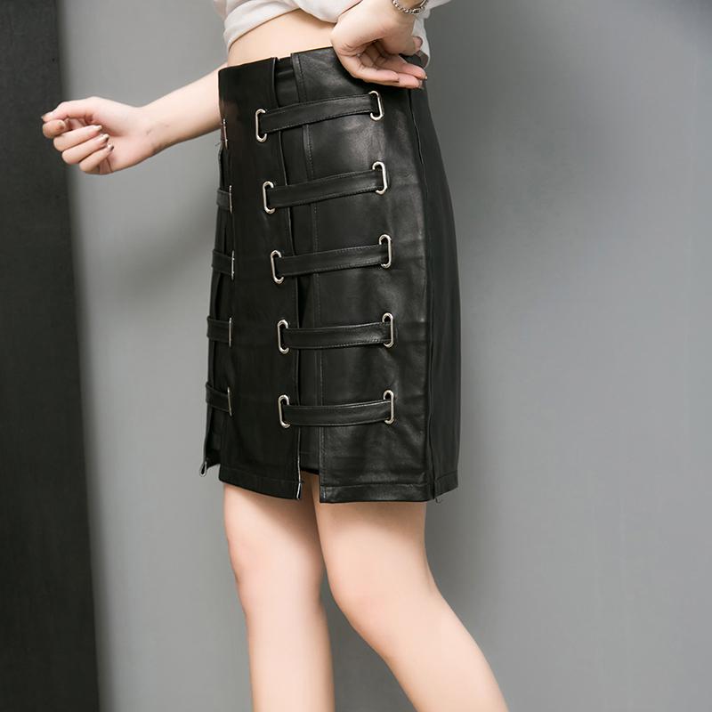 

Skirts 2021 Design Lace Up Real Sheepskin Women Black High Waist Sexy Genuine Leather Skirt Motorcycle Straight Loose