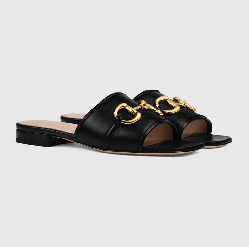 

2021 Top Luxury Deva Women's Leather Slides Sandal Horsebit Gold-toned Outdoor Lady Beach Sandals Casual Slippers Ladies Comfort Walking Shoes With box size 34-43