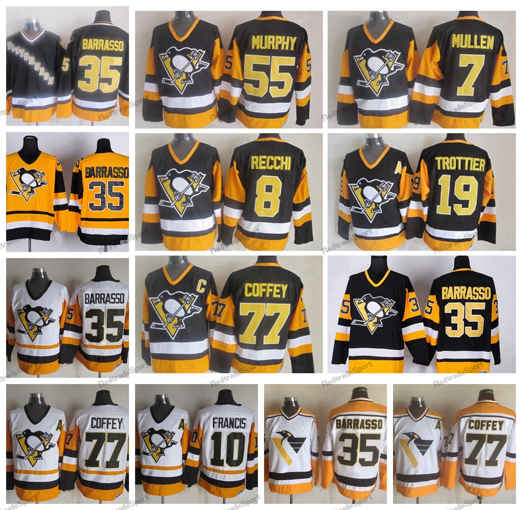 

Mens 1992 Pittsburgh Penguins Vintage Hockey Jerseys 35 Tom Barrasso 77 Paul Coffey 10 Ron Francis 8 Mark Recchi 55 Larry Murphy 7 Joe Mullen 19 Bryan Trottier Jersey, Black 35p
