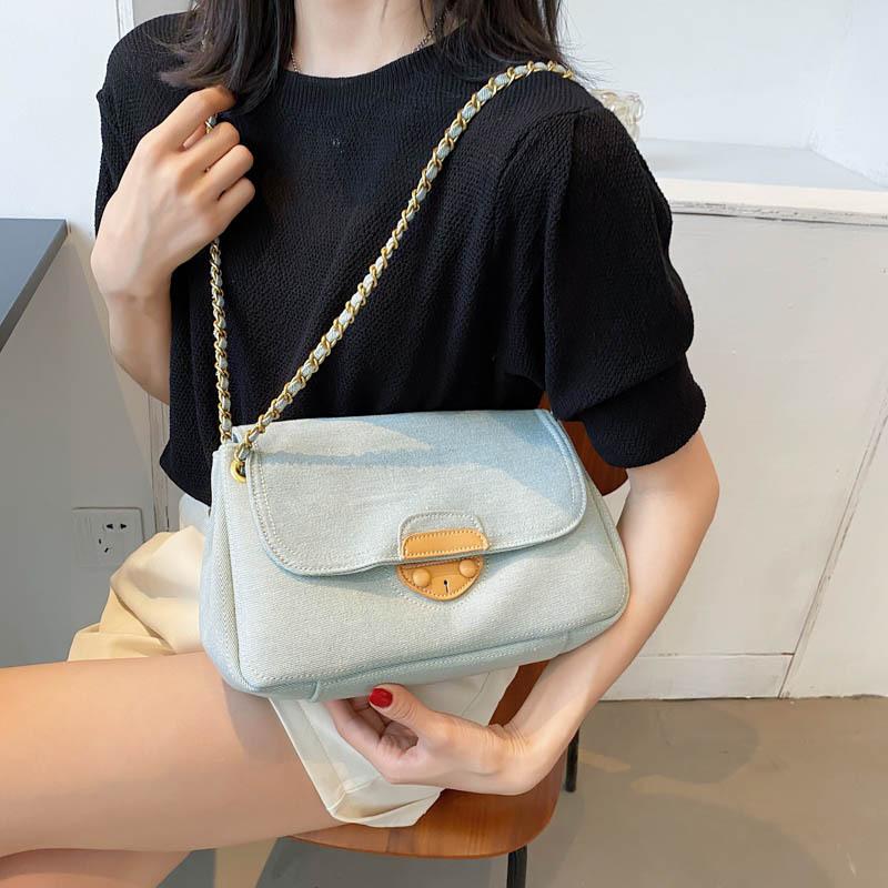 

Evening Bags Women's Crossbody Females Thin Metal Belt Solid Color Messenger Denim Ladies High Capacity Top Quality Flap
