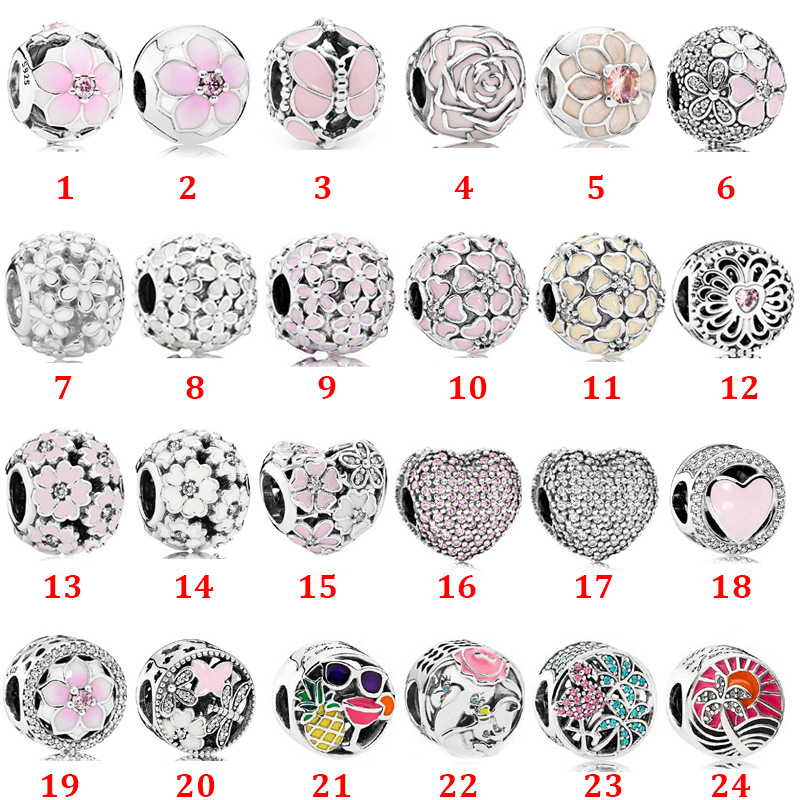 

Genuine 925 Sterling Silver Fit Pandora Bracelet Charms Pink Series Magnolia Love Heart String Pendant Beads Love Heart Blue Crysta Charm Fo, Black