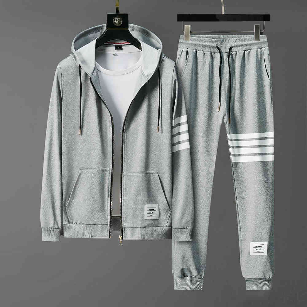 

2021 Brand Thom Preppy Style Men Sets Pants Sweatsuit Cardigan Hoodies Zipper Clothes Trousers Sportswear Sweatpants Tracksuits, Gray