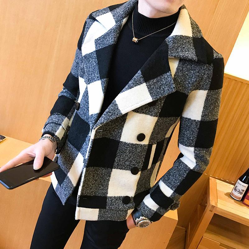 

Mens Coat 2021 Double-breasted Windbreaker Fashion Retro Tartan Large Slim Short Men's Banquet Party Dress Jackets, Qian niao ge