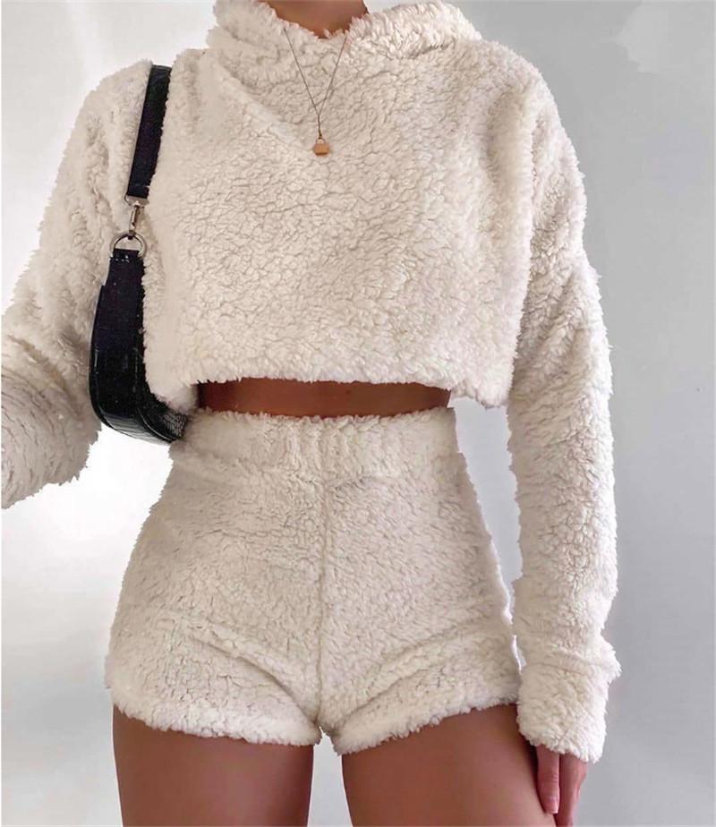 

Women' Tracksuits Women Casual Clothing Set Long Sleeve Hooded Crop Top + High Waist Shorts Lady Autumn Fashion Warm Solid Fleece Outfits, Beige