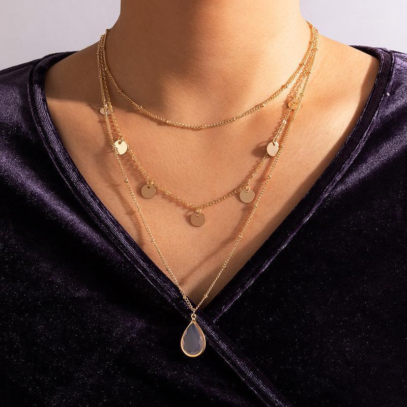 

Chains Clear Water Drop Rhinestone Pendant Necklace For Women Charms Gold Wafer Multi-layer Chain Choker Adjustable Jewelry, Silver