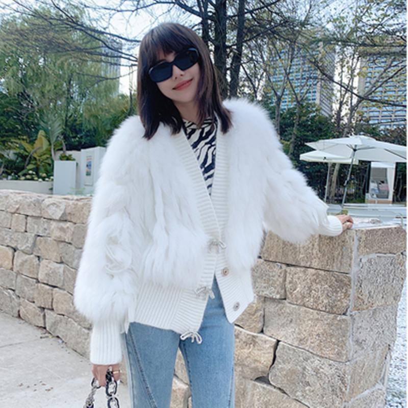 

Women's Fur & Faux Knitted Single-breasted Coat 2022 Winter White V-neck Bowknot Plush Cardigan Fake Jackets XF688, Black