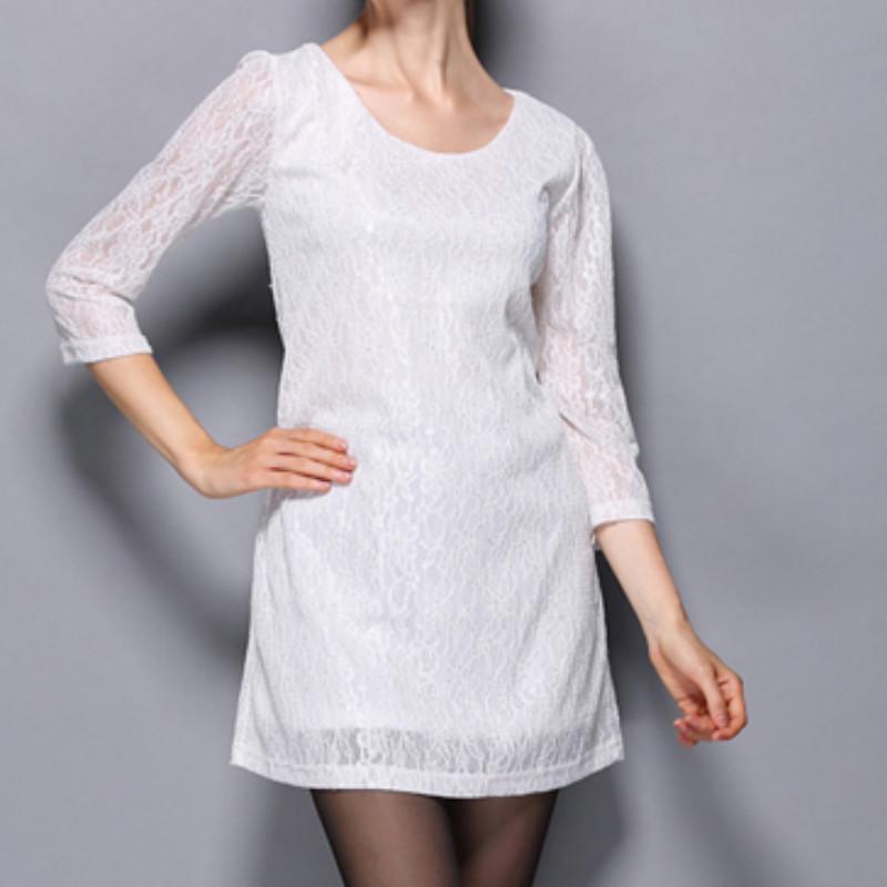 

Casual Dresses Spring Summer Ladies Three Quarter Sleeve Elegant Lace Mini Dress Women Fashion Home Party White Black -XXL