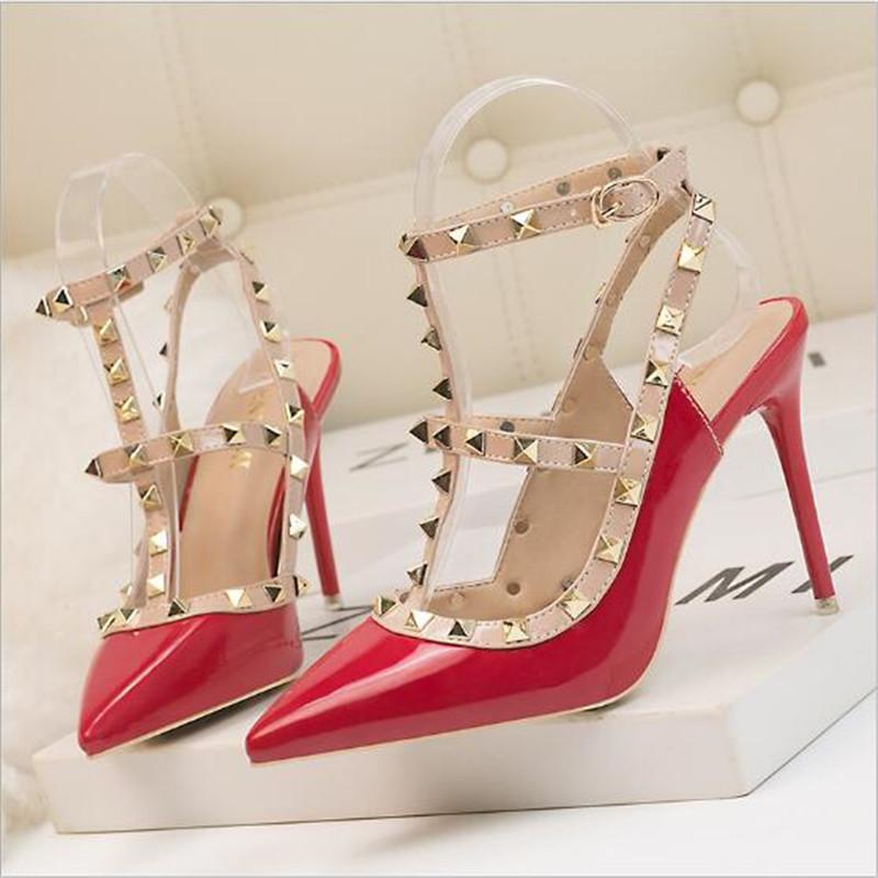 

High Heels Rivets Shoes Fashion Buckle Studded Stiletto Sandals Summer Women Pumps Sexy Point Toe Ladies Dress, Black