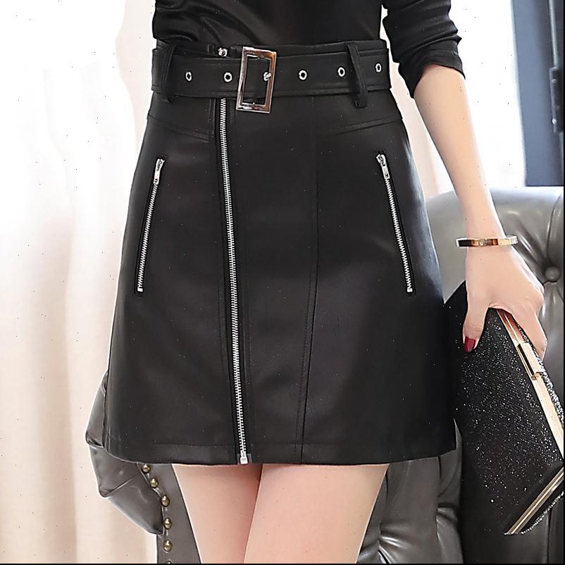 

high waist autumn winter women skirt mini short black double zipper a line pu leather