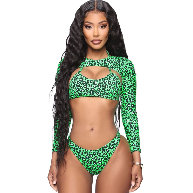 

Long Sleeve Bandeau Bikini Swimwear Women Three Pieces Leopard Swimsuit Female Summer Sexy Bathing Suit Brazilian Biquini 210520, Green