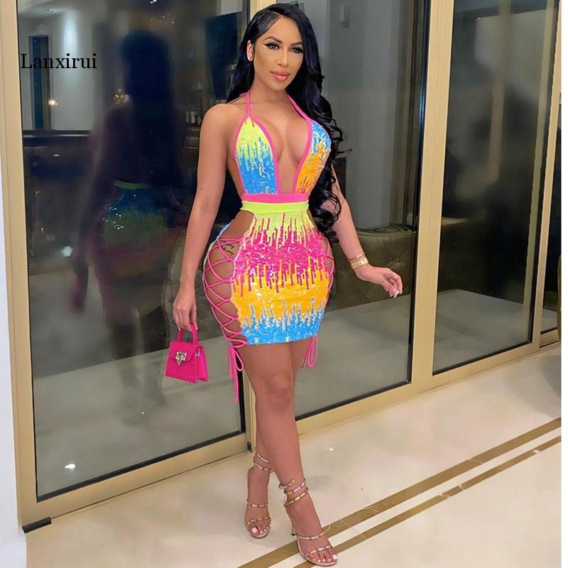 

Casual Dresses Sexy Sequin Birthday Dress Women Party Night Glitter Bodycon Mini Summer Side Lace Up Hollow Out Backless Club, Blue
