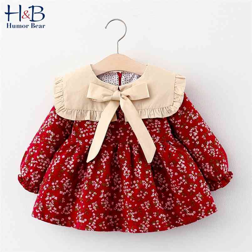 

Baby Girl Dress Autumn Winter Long Sleeve Floral Printed Doll Collar Ruffled Bowknot Princess 210611, Bn1843 red