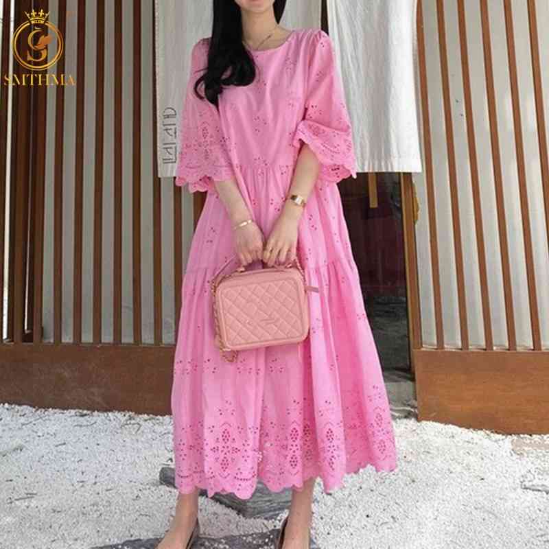 

Fashion Designer Summer Party Dress Women O-Neck Short Sleeve Elegant Lace Hollow Out Loose Long es Vestidos 210520, Photo color