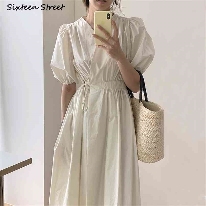 

Vintage Summer Dress Cross V-neck Puff-sleeve White Maxi es Party Korean Chic Lace-up Harajuku Woman 210603, Clear