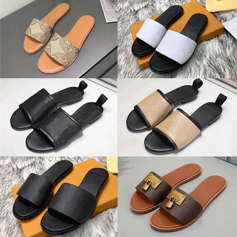 

Luxury designer flat sandals design embroidery black slippers shallow beach leisure indoor lace lock box full set of accessories 35-41 e2Q4#