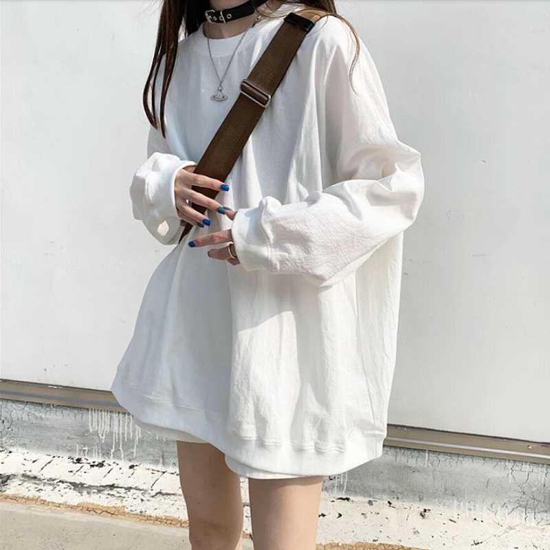 

Autumn Korean ins Chic solid color Tops female Harajuku vintage simple BF large size loose fashion women hip hop sweatshirt 210608, White