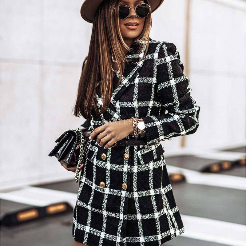 

Women's Wool & Blends Cashmere Trench Jacket Tweed Coat Winter Vintage Casual Plaid Woolen Women Lattice Long Sleeved Suit Collar Double Bre, Black